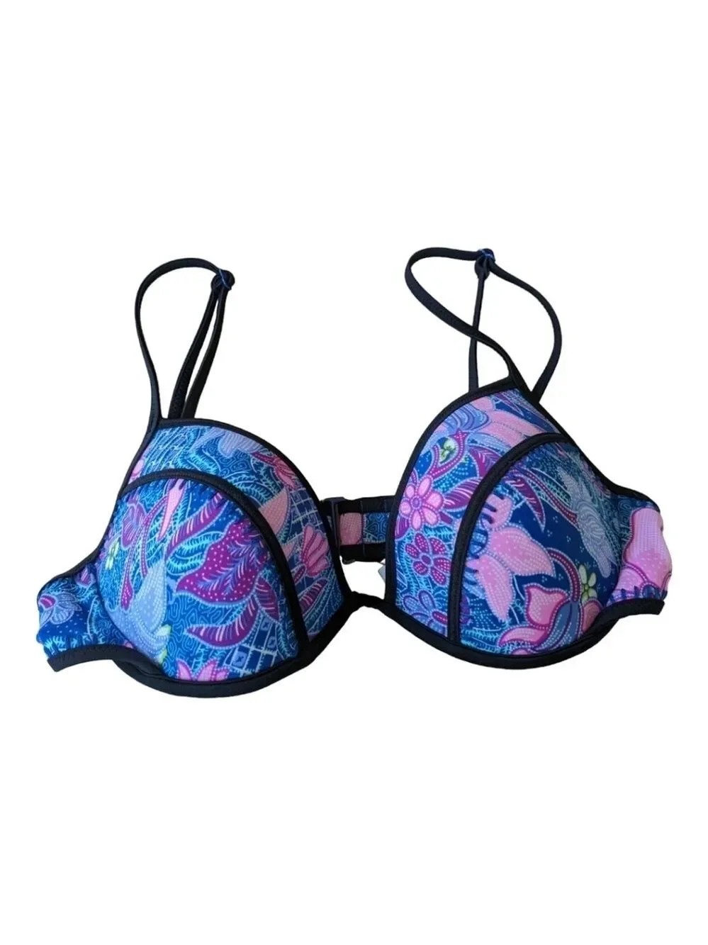 Victoria's Secret Pink & Blue Floral Push Up, Padded Bikini Top w/Black Trim 34C